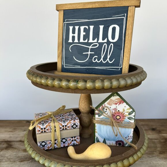 Handmade Tiered Tray Decor - Hello Fall - Autumn, Pumpkin, Signs, Mini - Picture 1 of 10